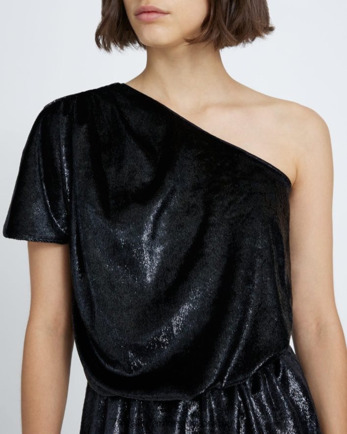 vestir 7 for All Mankind vestido de un hombro con volantes en negro brillante JBNRD443
