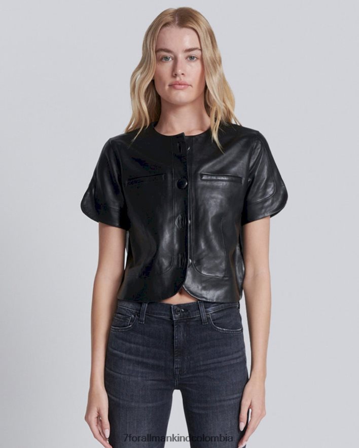 vestir 7 for All Mankind Chaqueta corta de cuero negra de manga corta JBNRD451
