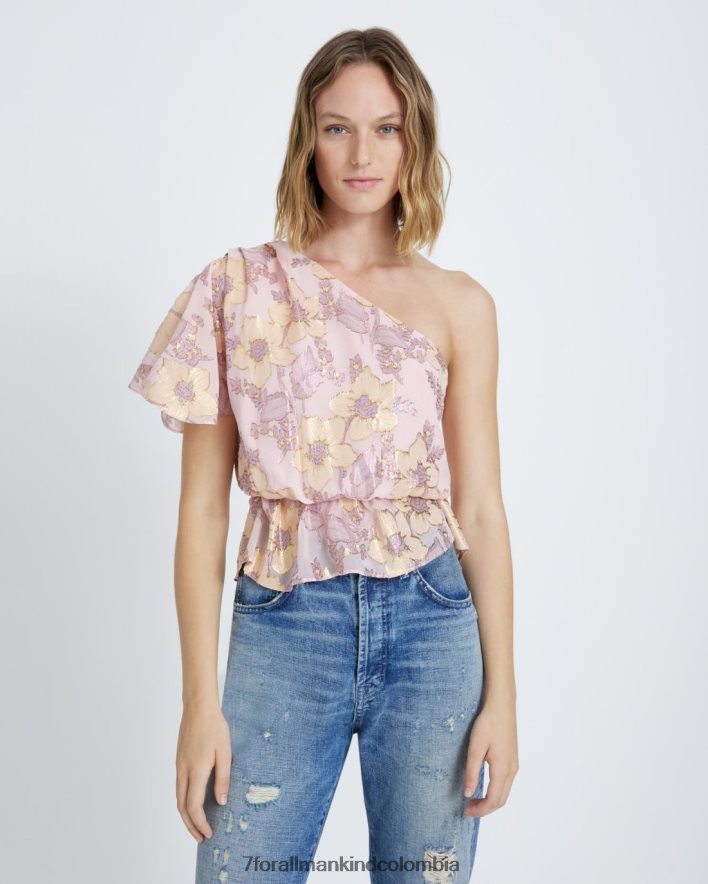 vestir 7 for All Mankind Blusa de seda con un hombro y volantes en color rubor JBNRD398