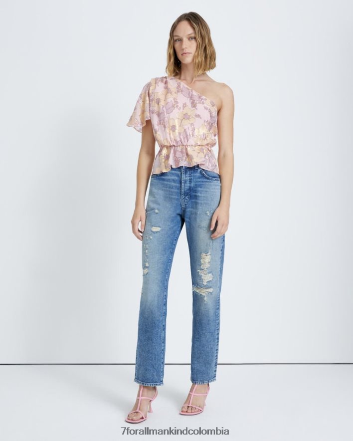 vestir 7 for All Mankind Blusa de seda con un hombro y volantes en color rubor JBNRD398