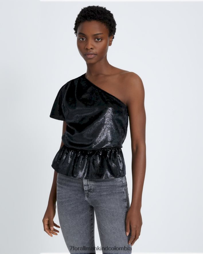 vestir 7 for All Mankind Blusa de un hombro con volantes en negro brillante JBNRD401