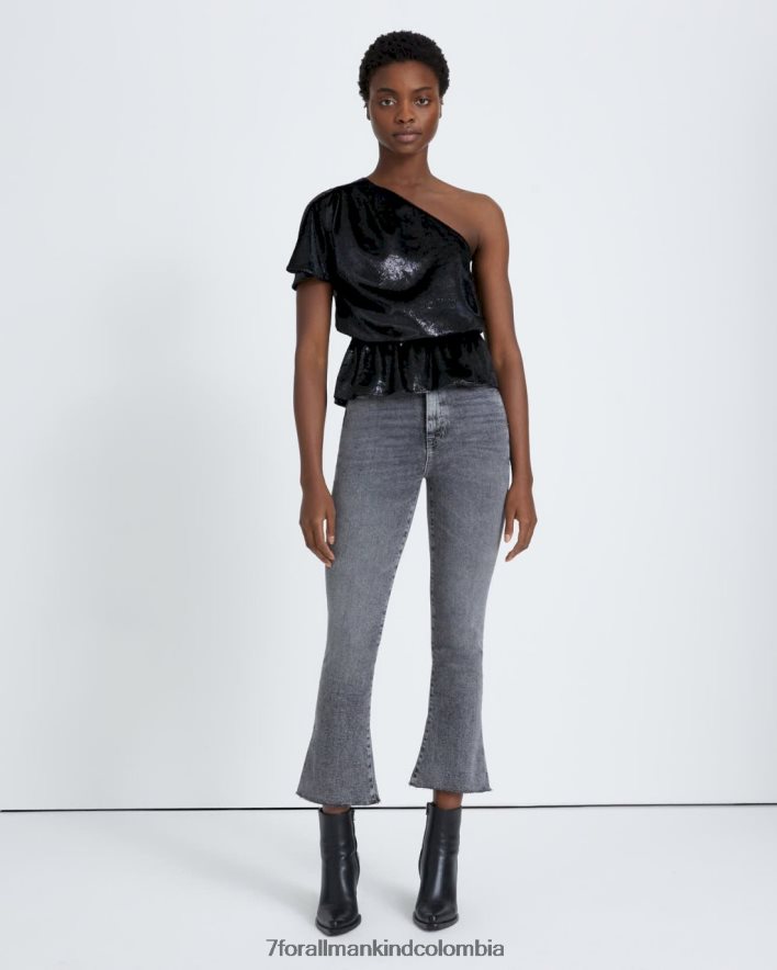 vestir 7 for All Mankind Blusa de un hombro con volantes en negro brillante JBNRD401