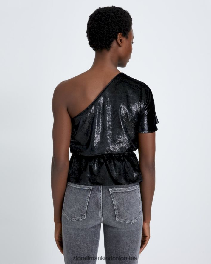 vestir 7 for All Mankind Blusa de un hombro con volantes en negro brillante JBNRD401
