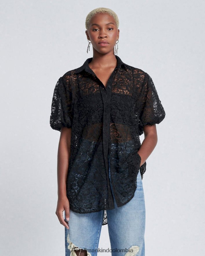 vestir 7 for All Mankind Túnica negra con botones y encaje y mangas abullonadas JBNRD368