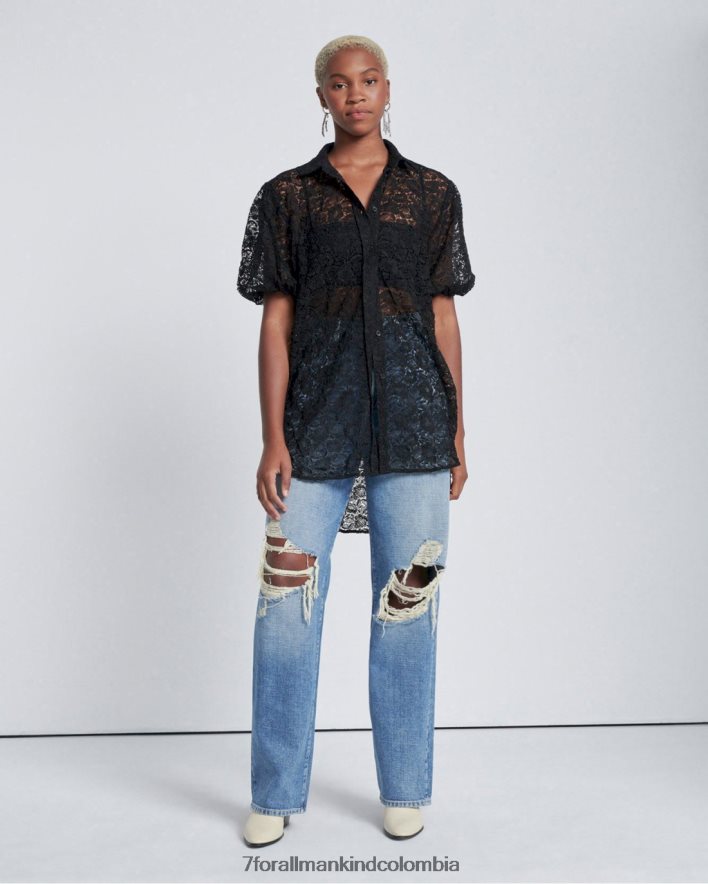 vestir 7 for All Mankind Túnica negra con botones y encaje y mangas abullonadas JBNRD368