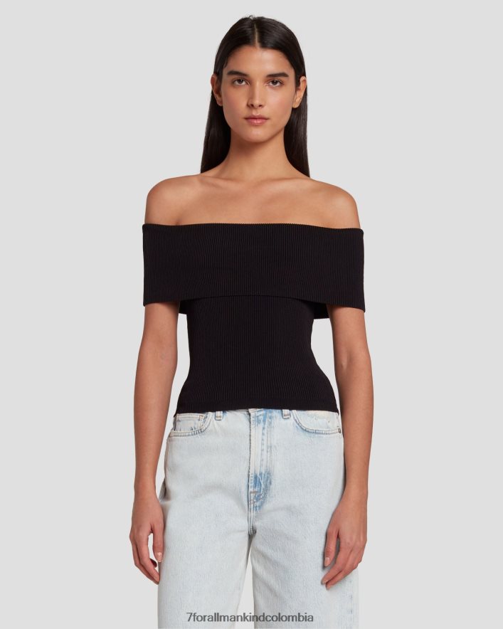 vestir 7 for All Mankind Top de canalé con hombros descubiertos en negro JBNRD332