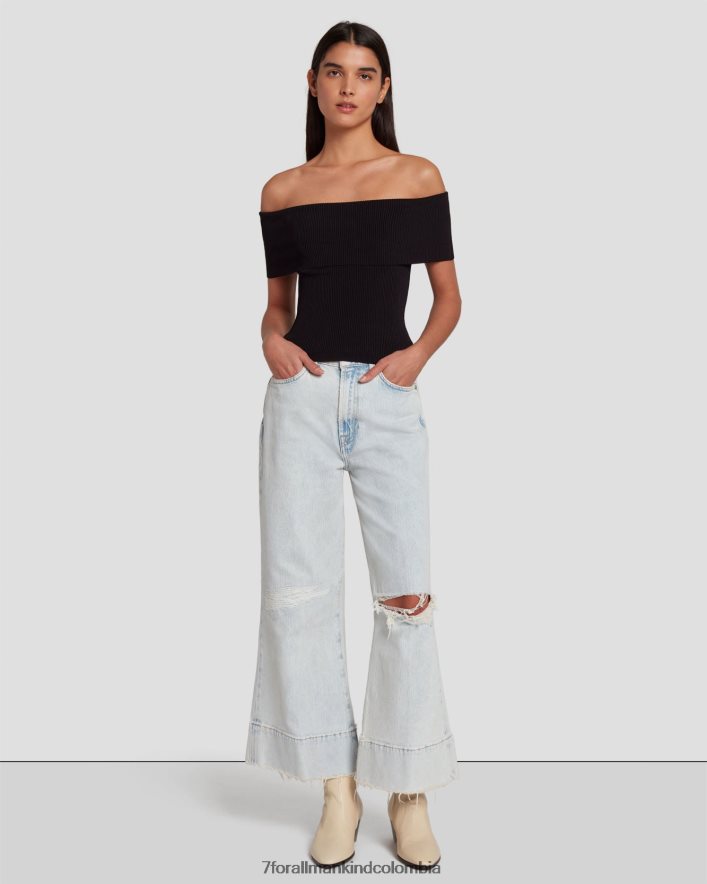 vestir 7 for All Mankind Top de canalé con hombros descubiertos en negro JBNRD332