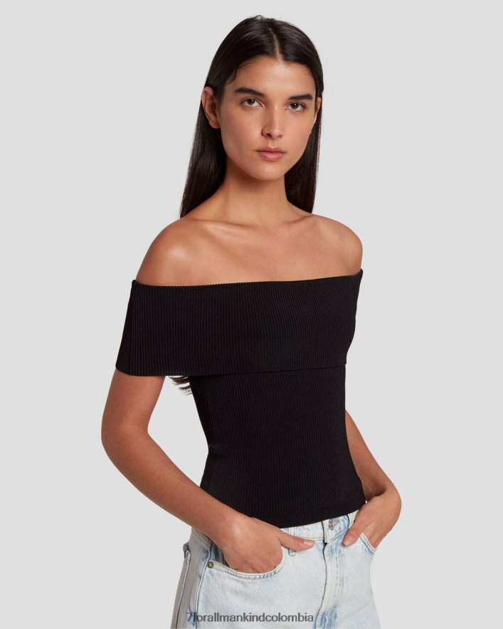 vestir 7 for All Mankind Top de canalé con hombros descubiertos en negro JBNRD332