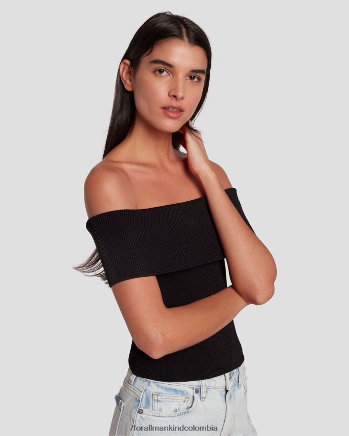 vestir 7 for All Mankind Top de canalé con hombros descubiertos en negro JBNRD332