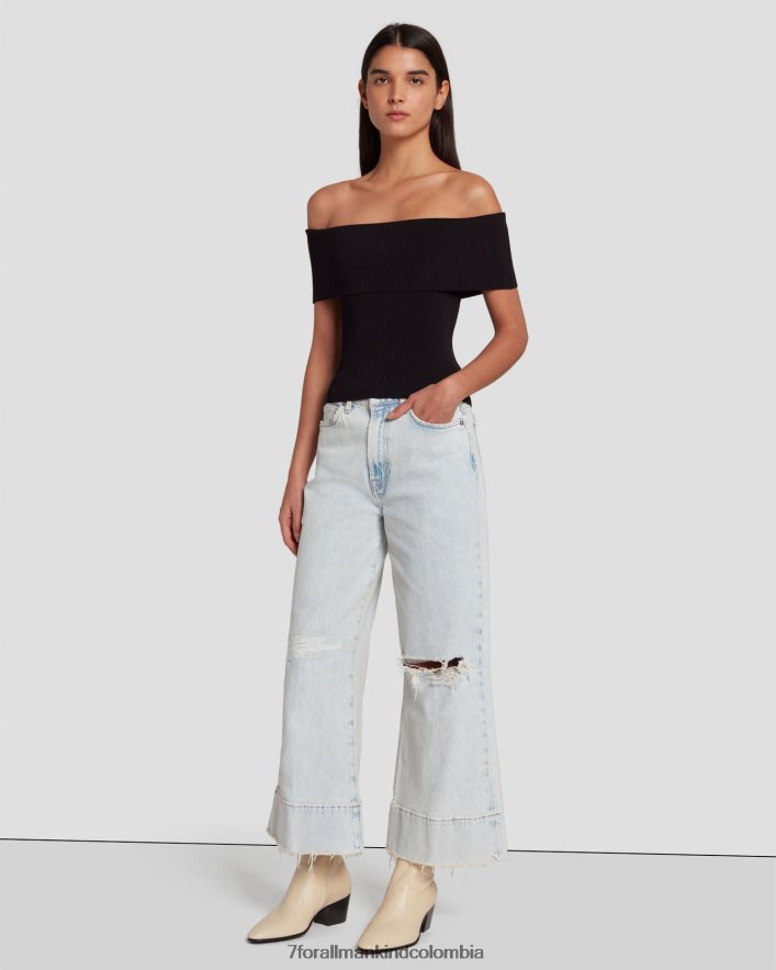 vestir 7 for All Mankind Top de canalé con hombros descubiertos en negro JBNRD332