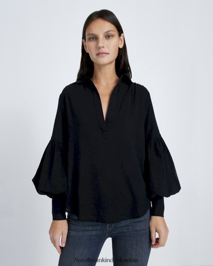 vestir 7 for All Mankind Top de crepé con mangas abullonadas en negro azabache JBNRD402