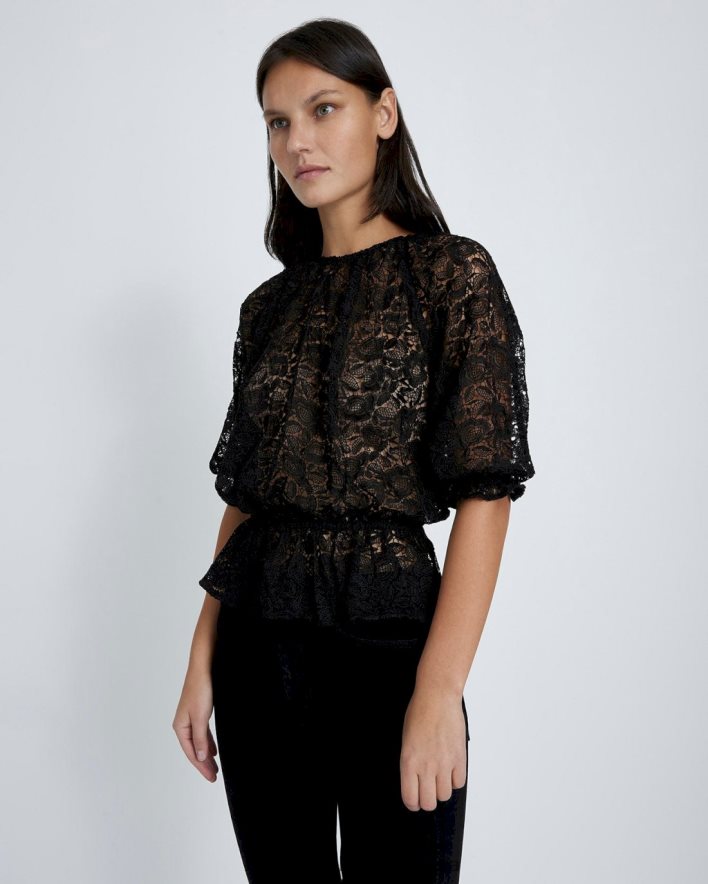 vestir 7 for All Mankind Top de encaje con volumen suave en negro JBNRD372
