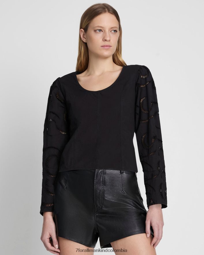 vestir 7 for All Mankind Top negro con ojales y mangas abullonadas JBNRD390