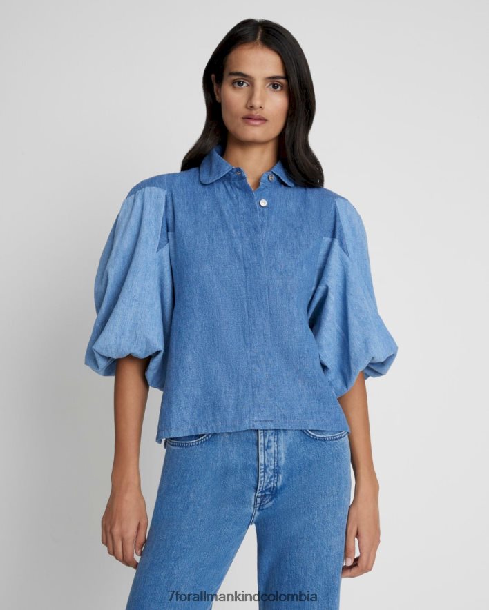 vestir 7 for All Mankind Top vaquero con manga abullonada y patchwork de estrellas JBNRD316