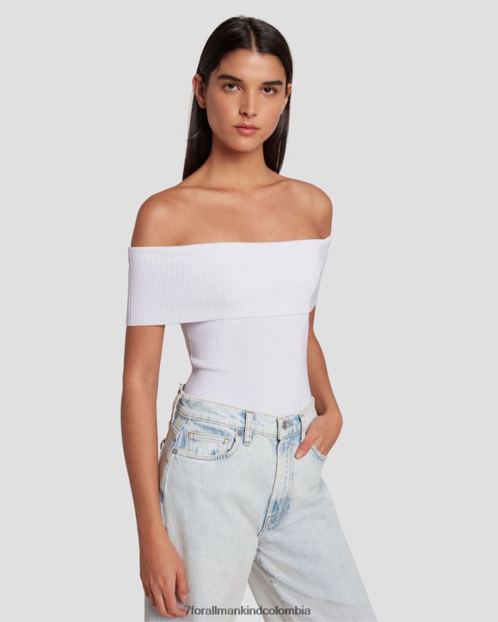 vestir 7 for All Mankind top de canalé con hombros descubiertos en blanco brillante JBNRD334