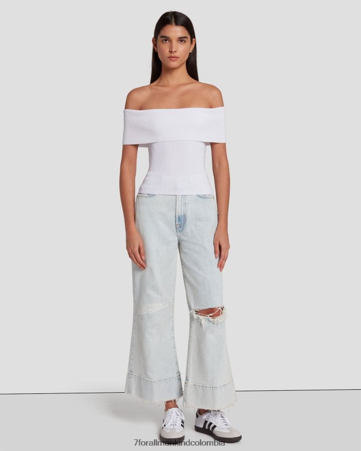 vestir 7 for All Mankind top de canalé con hombros descubiertos en blanco brillante JBNRD334