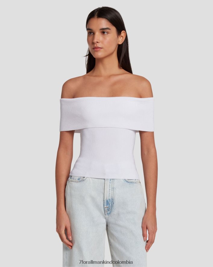 vestir 7 for All Mankind top de canalé con hombros descubiertos en blanco brillante JBNRD334