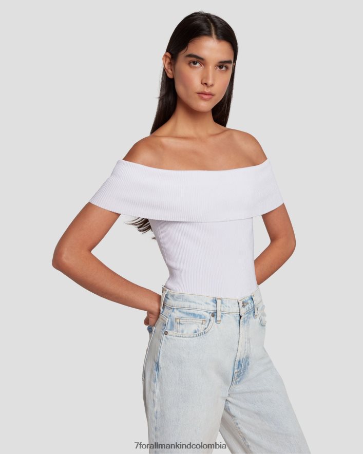 vestir 7 for All Mankind top de canalé con hombros descubiertos en blanco brillante JBNRD334
