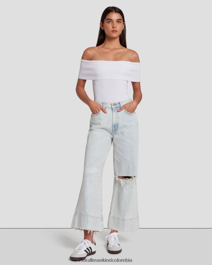 vestir 7 for All Mankind top de canalé con hombros descubiertos en blanco brillante JBNRD334