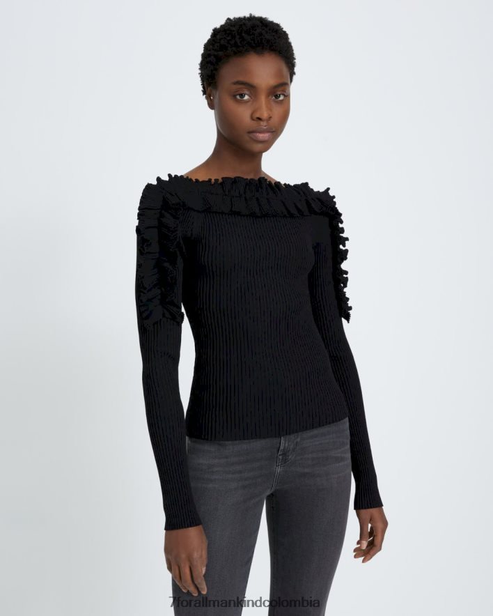 vestir 7 for All Mankind top de manga larga con volantes en negro JBNRD376