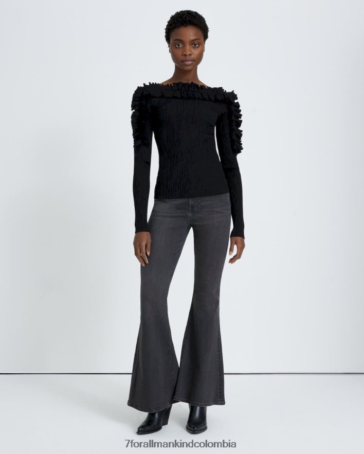 vestir 7 for All Mankind top de manga larga con volantes en negro JBNRD376