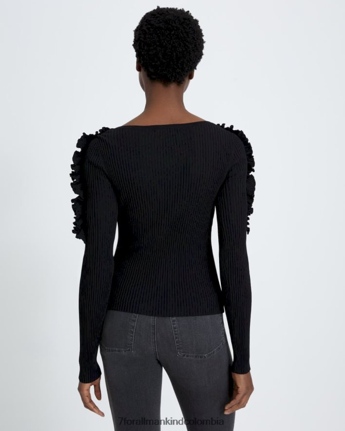 vestir 7 for All Mankind top de manga larga con volantes en negro JBNRD376