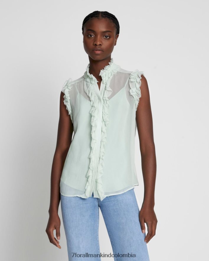 vestir 7 for All Mankind top de seda sin mangas con volantes en color espuma de mar JBNRD406