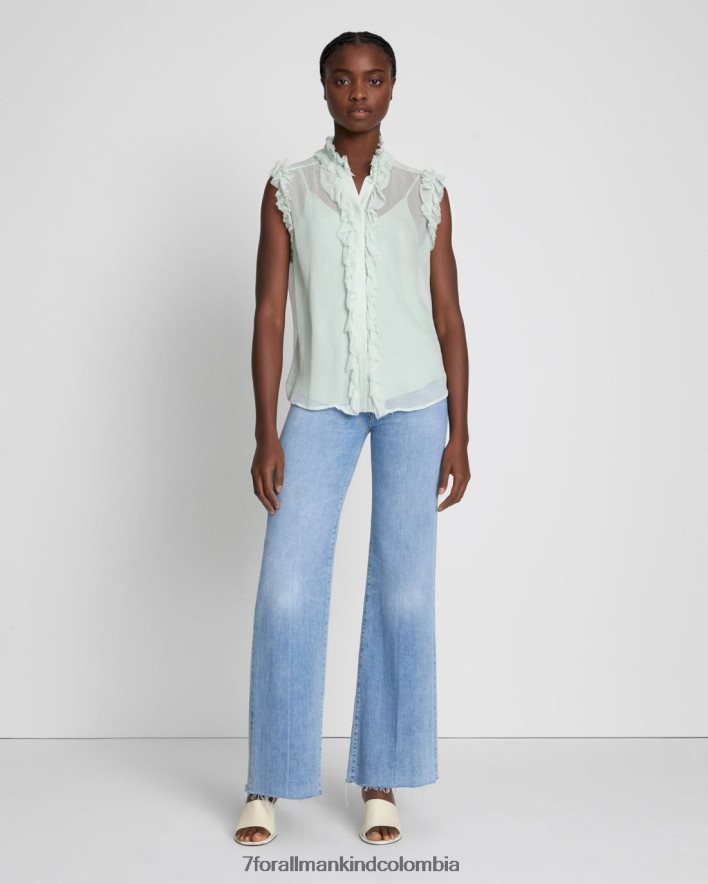 vestir 7 for All Mankind top de seda sin mangas con volantes en color espuma de mar JBNRD406