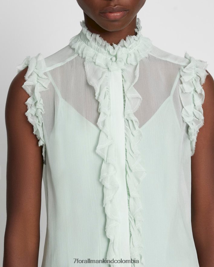 vestir 7 for All Mankind top de seda sin mangas con volantes en color espuma de mar JBNRD406