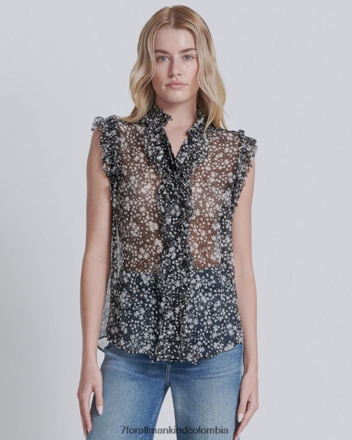 vestir 7 for All Mankind top sin mangas con volantes y estampado en blanco y negro JBNRD354