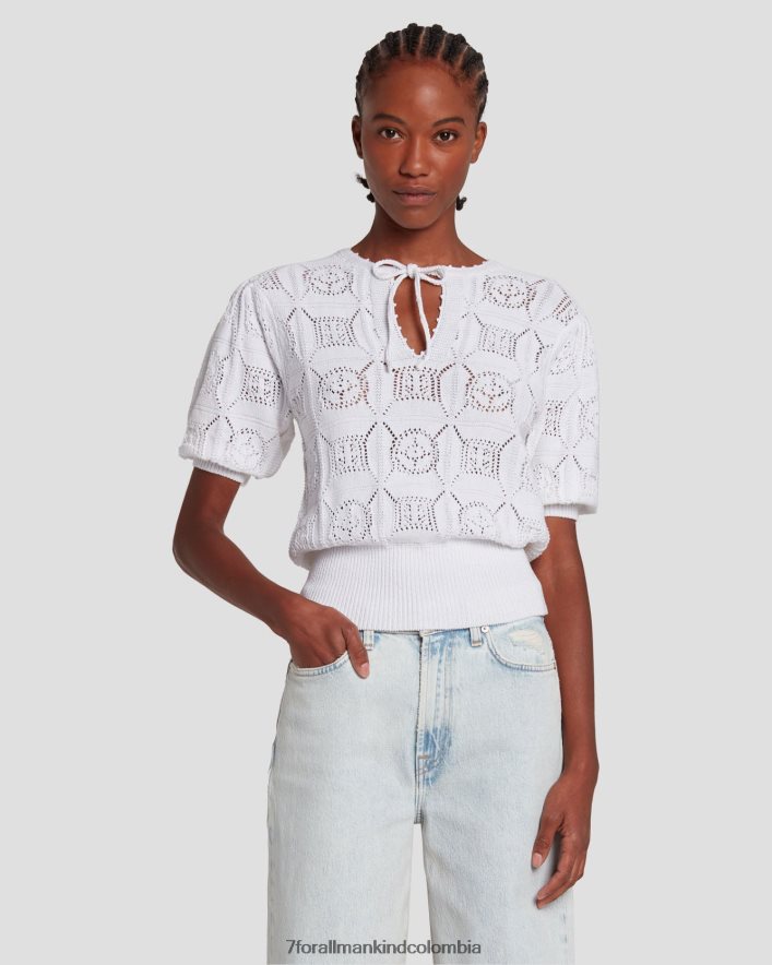 vestir 7 for All Mankind suéter de crochet de manga corta en blanco brillante JBNRD333
