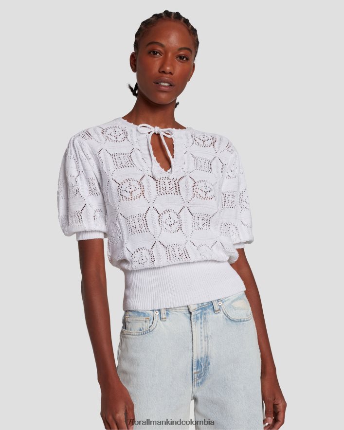 vestir 7 for All Mankind suéter de crochet de manga corta en blanco brillante JBNRD333